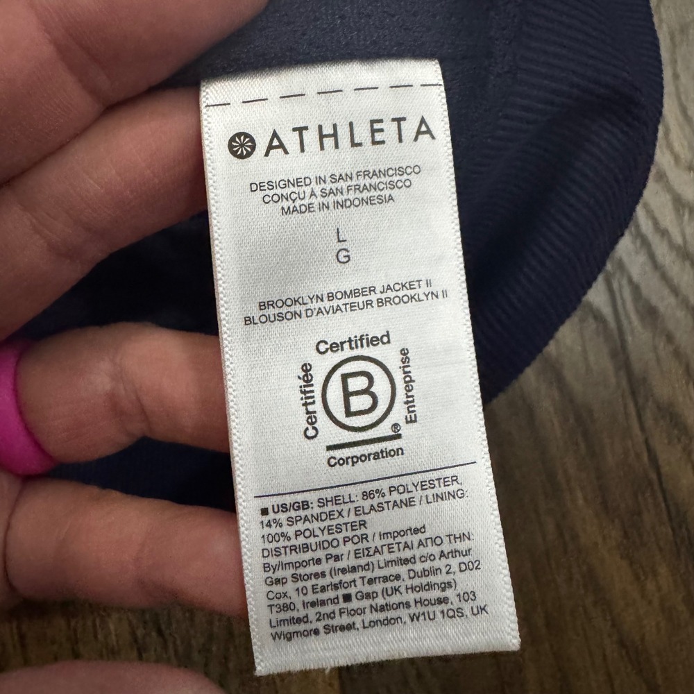 Athleta Brooklyn Bomber Jacket II Navy Blue Abstract Print Full Zip Large Travel - Picture 5 of 6